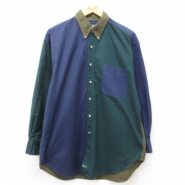 L★古着 アメリカンイーグル American Eagle 長袖 ブランド シャツ メンズ 90年代 90s マルチカラー クレイジーパターン コットン ボタンダウン USA製 緑他 グリーン 【spe】 24dec05 中古 トップス