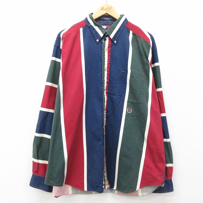 XL★古着 トミーヒルフィガー TOMMY HILFIGER 長袖 ブランド シャツ メンズ 90年代 90s ワンポイントロゴ 大きいサイズ ロング丈 コットン ボタンダウン 紺他 ネイビー ストライプ 【spe】 24dec05 中古 トップス