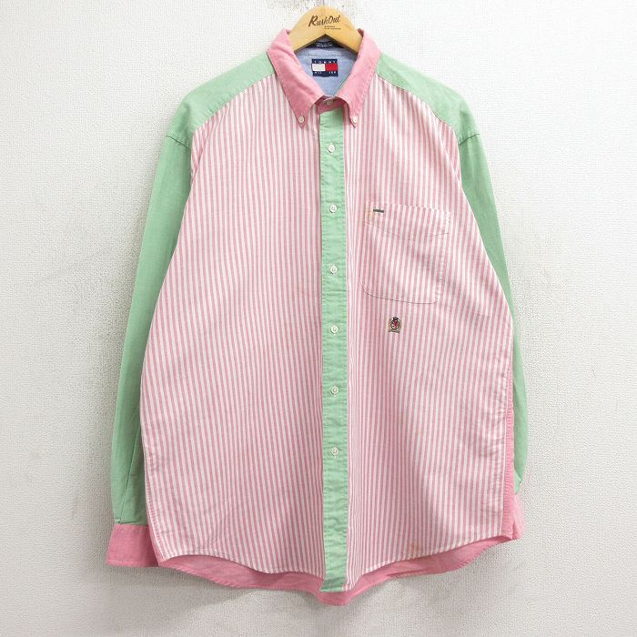 【50%OFF】XL★古着 トミーヒルフィガー TOMMY HILFIGER 長袖 ブランド シャツ メンズ 90年代 90s ワンポイントロゴ クレイジーパターン コットン ボタンダウン ピンク他 ストライプ 24dec06 中古 トップス