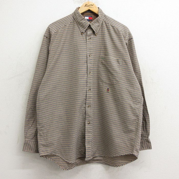 XL★古着 トミーヒルフィガー TOMMY HILFIGER 長袖 ブランド シャツ メンズ 90年代 90s ワンポイントロゴ ロング丈 コットン ボタンダウン 茶他 ブラウン チェック 24dec06 中古 トップス