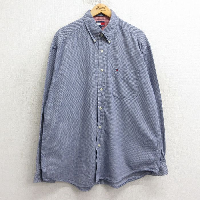XL★古着 トミーヒルフィガー TOMMY HILFIGER 長袖 ブランド シャツ メンズ 90年代 90s ワンポイントロゴ 千鳥格子 大きいサイズ ロング丈 コットン ボタンダウン 紺他 ネイビー 24dec06 中古 トップス