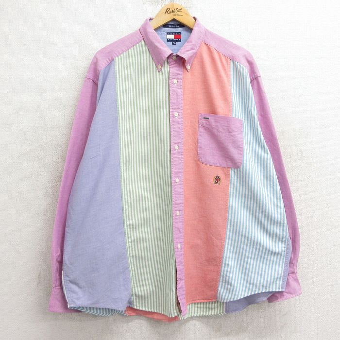 XL★古着 トミーヒルフィガー TOMMY HILFIGER 長袖 ブランド シャツ メンズ 90年代 90s ワンポイントロゴ クレイジーパターン 大きいサイズ コットン ボタンダウン オレンジ他 【spe】 24dec06 中古 トップス