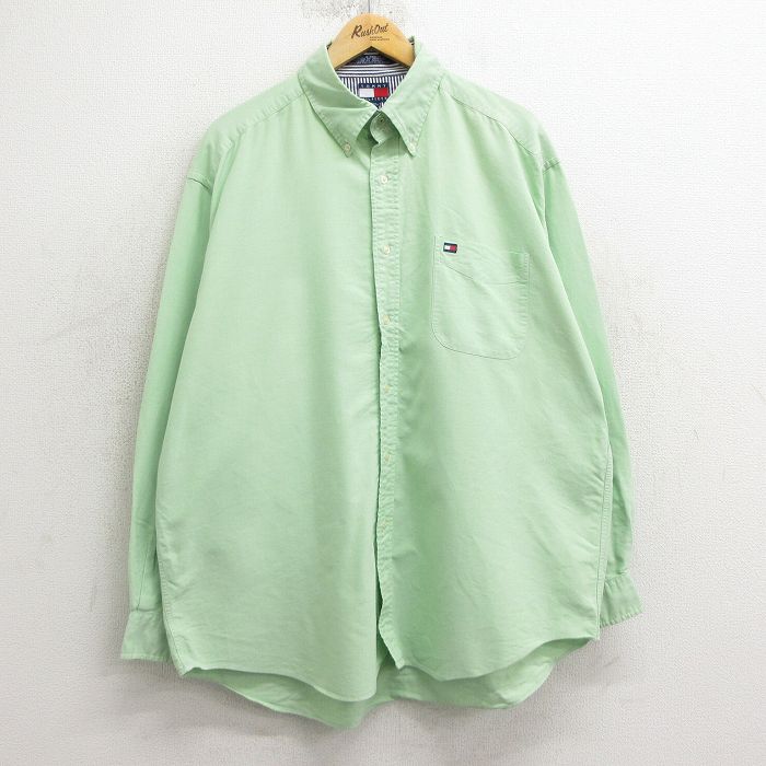 XL★古着 トミーヒルフィガー TOMMY HILFIGER 長袖 ブランド シャツ メンズ 90年代 90s ワンポイントロゴ 大きいサイズ コットン ボタンダウン 黄緑 24dec07 中古 トップス