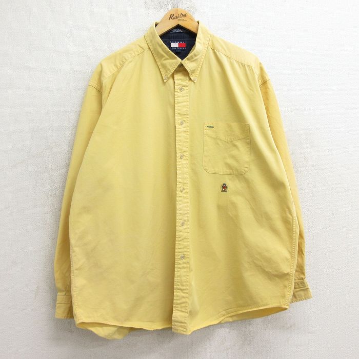 XL★古着 トミーヒルフィガー TOMMY HILFIGER 長袖 ブランド シャツ メンズ 90年代 90s ワンポイントロゴ 大きいサイズ コットン ボタンダウン 黄緑 24dec07 中古 トップス
