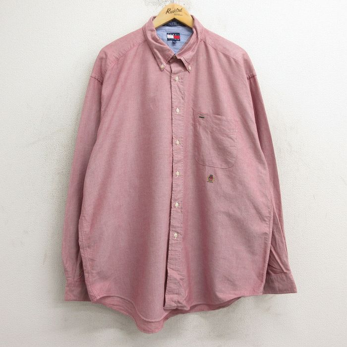 XL★古着 トミーヒルフィガー TOMMY HILFIGER 長袖 ブランド シャツ メンズ 90年代 90s ワンポイントロゴ 大きいサイズ ロング丈 コットン ボタンダウン エンジ系 24dec07 中古 トップス