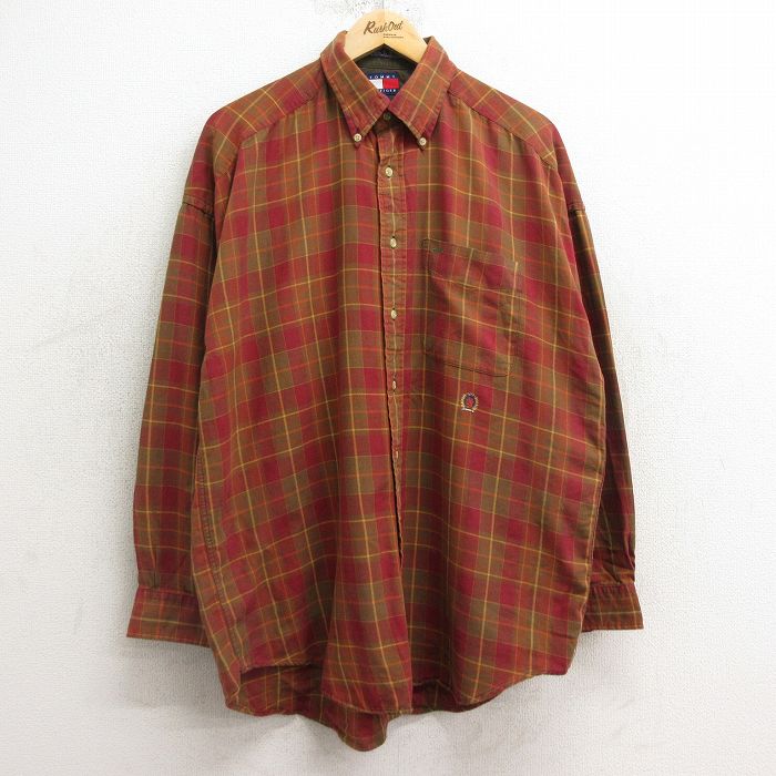 【20%OFF】XL★古着 トミーヒルフィガー TOMMY HILFIGER 長袖 ブランド シャツ メンズ 90年代 90s ワンポイントロゴ ロング丈 コットン ボタンダウン エンジ系他 チェック 24dec07 中古 トップス