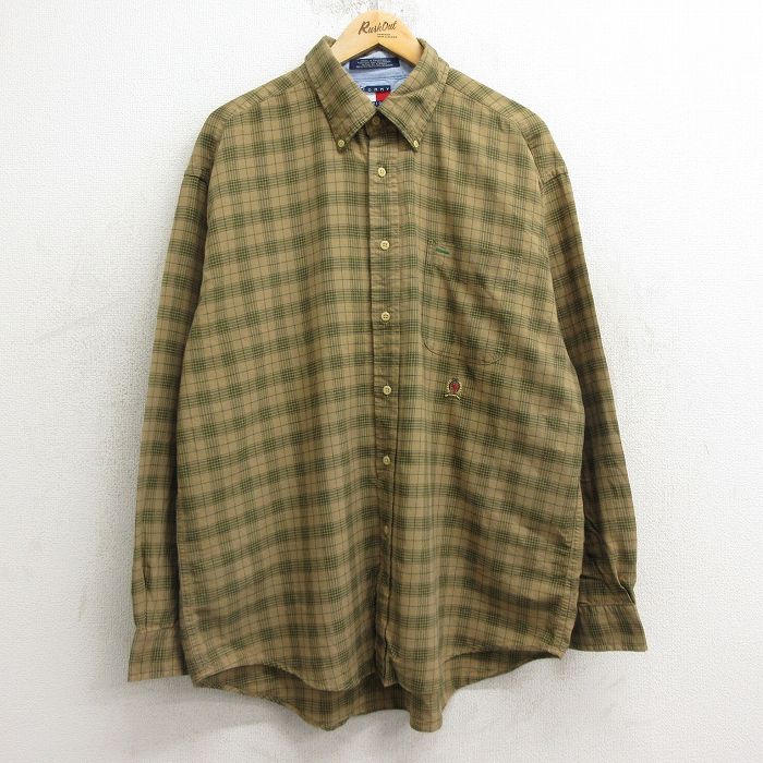 XL★古着 トミーヒルフィガー TOMMY HILFIGER 長袖 ブランド シャツ メンズ 90年代 90s ワンポイントロゴ 大きいサイズ ロング丈 コットン ボタンダウン ベージュ他 カーキ チェック 24dec07 中古 トップス