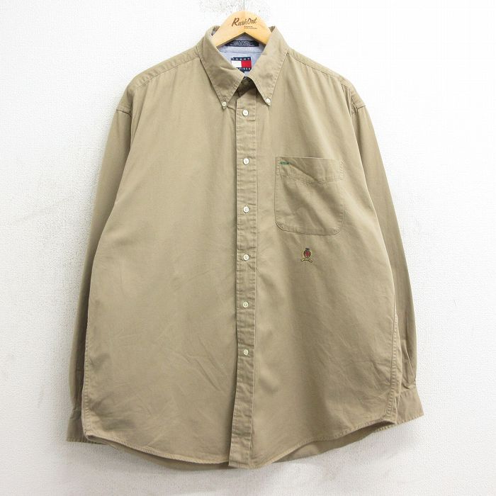 【50%OFF】XL★古着 トミーヒルフィガー TOMMY HILFIGER 長袖 ブランド シャツ メンズ 90年代 90s ワンポイントロゴ ロング丈 コットン ボタンダウン ベージュ カーキ 24dec07 中古 トップス