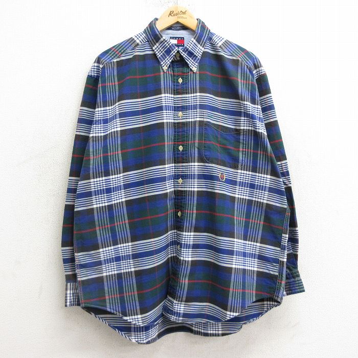 XL★古着 トミーヒルフィガー TOMMY HILFIGER 長袖 ブランド シャツ メンズ 90年代 90s ワンポイントロゴ コットン ボタンダウン 青他 ブルー チェック 24dec07 中古 トップス