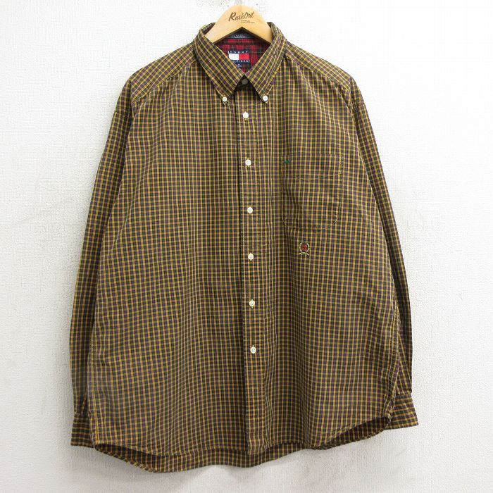 XL★古着 トミーヒルフィガー TOMMY HILFIGER 長袖 ブランド シャツ メンズ 90年代 90s ワンポイントロゴ コットン ボタンダウン 黄他 イエロー チェック 24dec07 中古 トップス