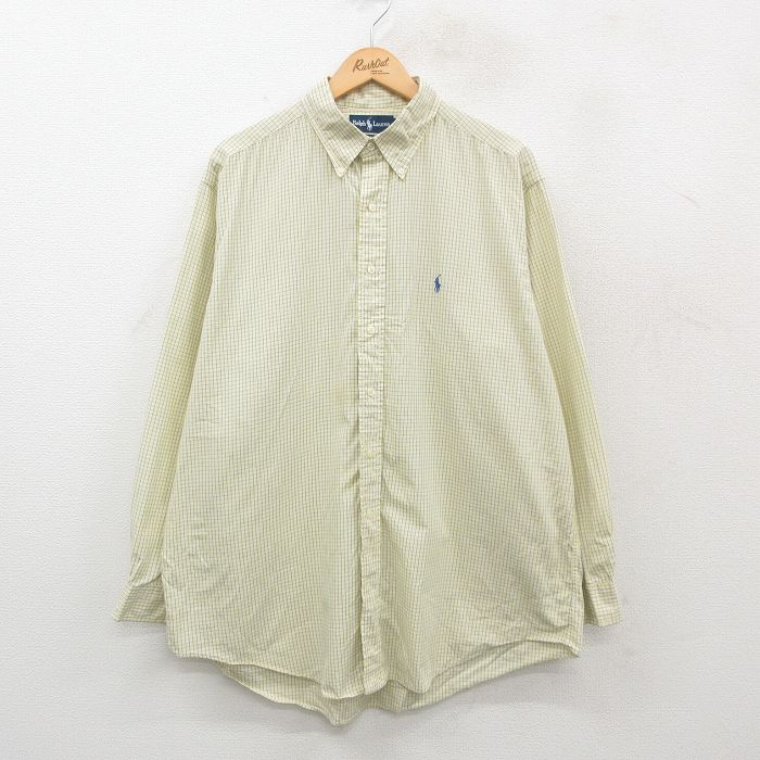 XL★古着 ラルフローレン Ralph Lauren 長袖 ブランド シャツ メンズ 90年代 90s ワンポイントロゴ YARMOUTH 大きいサイズ ロング丈 コットン ボタンダウン 黄他 イエロー チェック 24dec07 中古 トップス