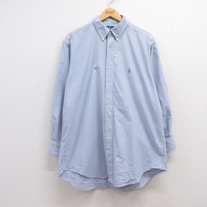 XL★古着 ラルフローレン Ralph Lauren 長袖 ブランド シャツ メンズ 90年代 90s ワンポイントロゴ YARMOUTH オックスフォード 大きいサイズ ロング丈 コットン ボタンダウン 薄紺 ネイビー 24dec07 中古 トップス