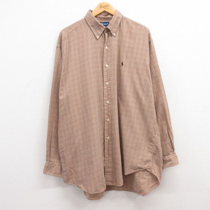 XL★古着 ラルフローレン Ralph Lauren 長袖 ブランド シャツ メンズ 90年代 90s ワンポイントロゴ BLAKE 大きいサイズ ロング丈 コットン ボタンダウン ベージュ他 カーキ チェック 24dec07 中古 トップス