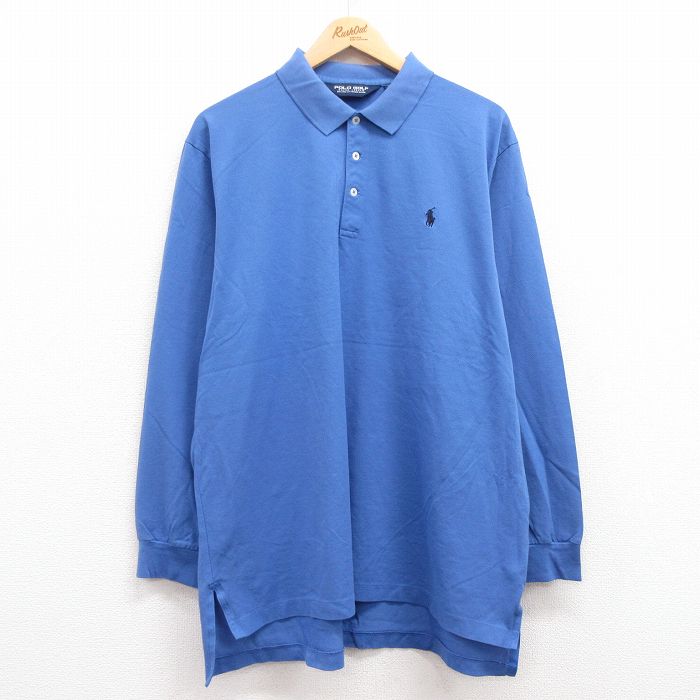XL★古着 ラルフローレン Ralph Lauren ポロゴルフ 長袖 ブランド ポロ シャツ メンズ 90年代 90s ワンポイントロゴ 鹿の子 ロング丈 コットン 薄紺 ネイビー 24dec07 中古 トップス