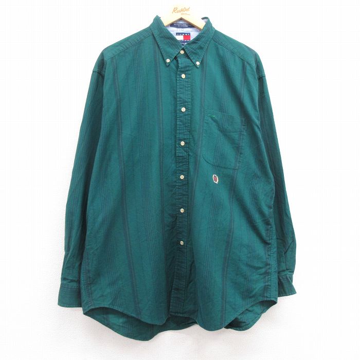 【20%OFF】XL★古着 トミーヒルフィガー TOMMY HILFIGER 長袖 ブランド シャツ メンズ 90年代 90s ワンポイントロゴ 大きいサイズ ロング丈 コットン ボタンダウン 緑他 グリーン ストライプ 24dec07 中古 トップス