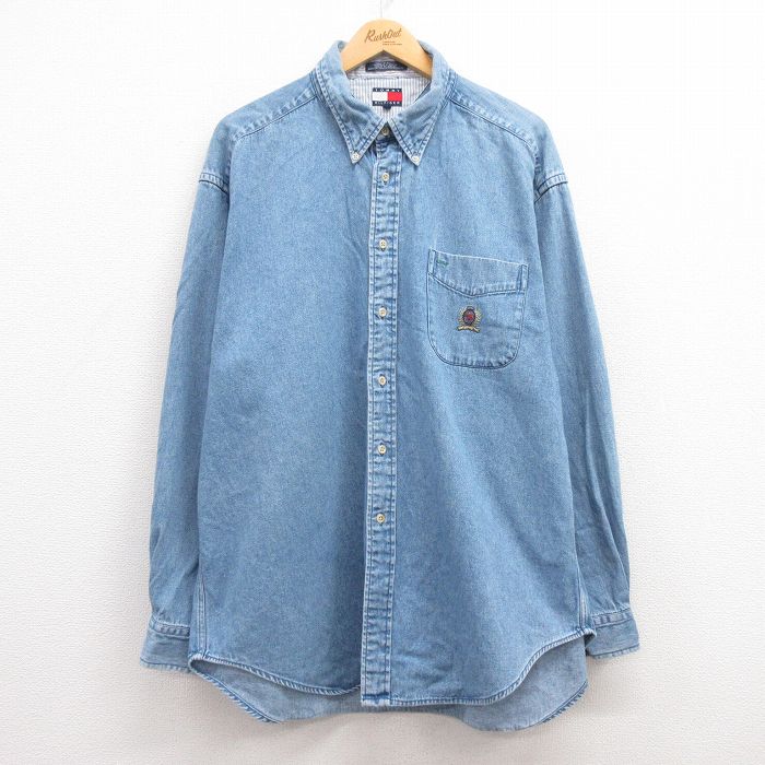 【50%OFF】XL★古着 トミーヒルフィガー TOMMY HILFIGER 長袖 ブランド シャツ メンズ 90年代 90s ワンポイントロゴ 大きいサイズ ロング丈 コットン ボタンダウン 紺 ネイビー デニム 24dec07 中古 トップス
