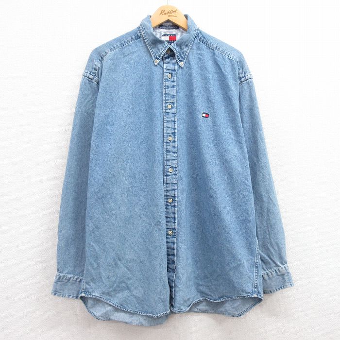 XL★古着 トミーヒルフィガー TOMMY HILFIGER 長袖 ブランド シャツ メンズ 90年代 90s ワンポイントロゴ 大きいサイズ ロング丈 コットン ボタンダウン 薄紺 ネイビー デニム 24dec07 中古 トップス