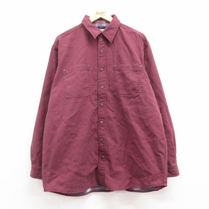XL★古着 エルエルビーン LLBEAN 長袖 ブランド シャツ メンズ 00年代 00s ダック地 大きいサイズ ロング丈 コットン エンジ 内側フランネル 24dec09 中古 トップス
