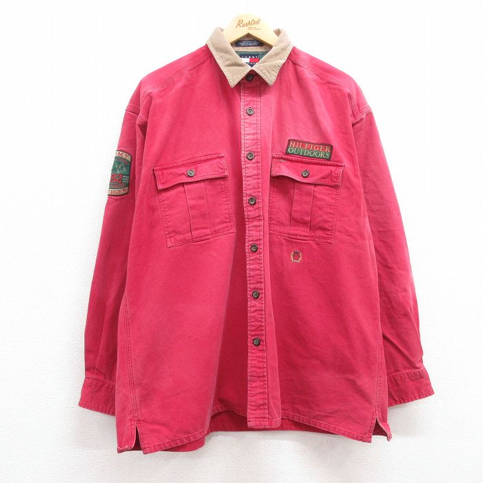 XL★古着 トミーヒルフィガー TOMMY HILFIGER 長袖 ブランド シャツ メンズ 90年代 90s ワンポイントロゴ ダック地 大きいサイズ コットン 襟コーデュロイ 赤 レッド 【spe】 24dec09 中古 トップス