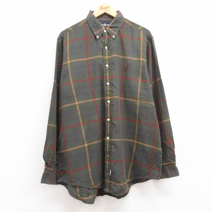 XL★古着 ラルフローレン Ralph Lauren 長袖 ブランド シャツ メンズ 90年代 90s ワンポイントロゴ 大きいサイズ ロング丈 コットン ボタンダウン USA製 緑他 グリーン チェック 【spe】 24dec11 中古 トップス
