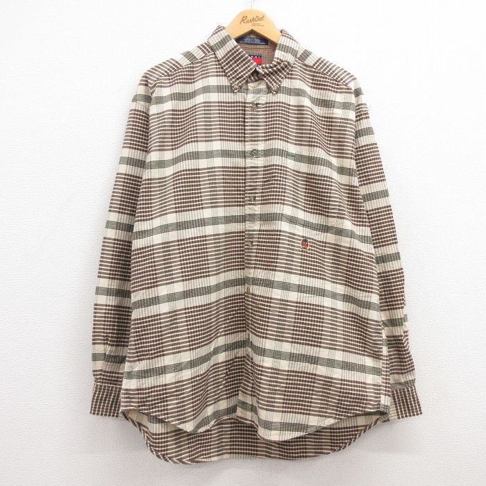 XL★古着 トミーヒルフィガー TOMMY HILFIGER 長袖 ブランド シャツ メンズ 90年代 90s ワンポイントロゴ 大きいサイズ コットン ボタンダウン 濃ベージュ他 カーキ チェック 24dec11 中古 トップス