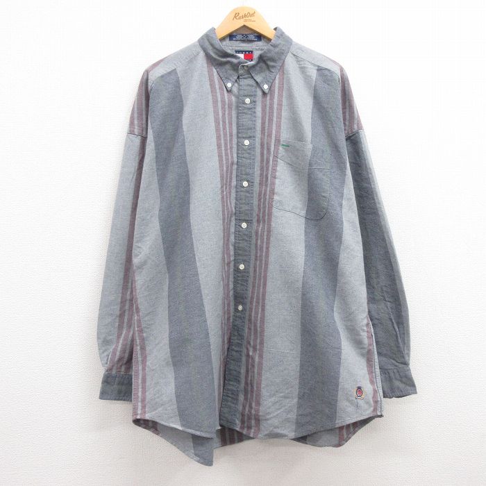 XL★古着 トミーヒルフィガー TOMMY HILFIGER 長袖 ブランド シャツ メンズ 90年代 90s ワンポイントロゴ 大きいサイズ ロング丈 コットン ボタンダウン グレー他 ストライプ 24dec11 中古 トップス