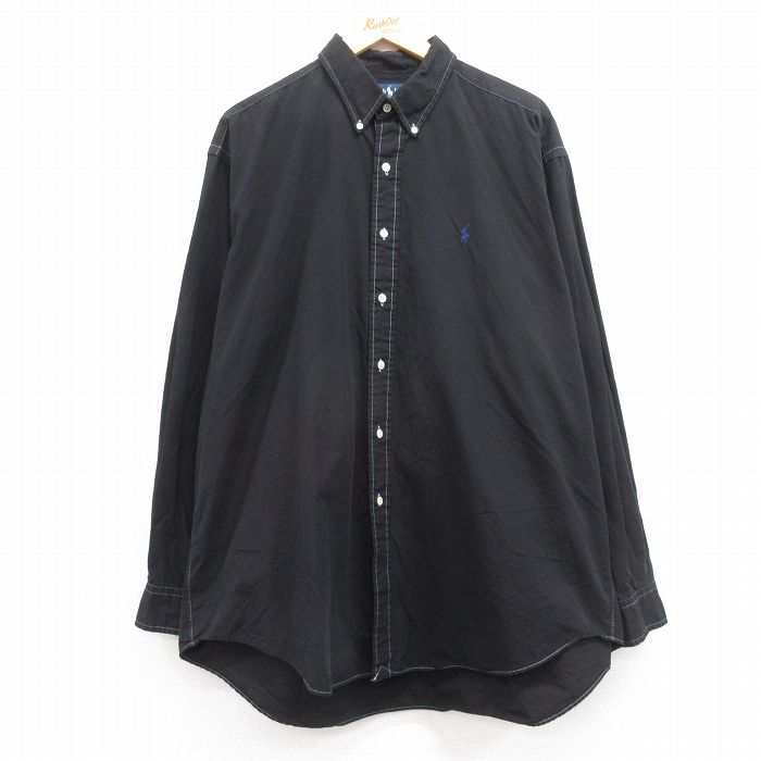 XL★古着 ラルフローレン Ralph Lauren 長袖 ブランド シャツ メンズ 90年代 90s ワンポイントロゴ BLAKE 大きいサイズ ロング丈 コットン ボタンダウン 黒 ブラック 24dec11 中古 トップス