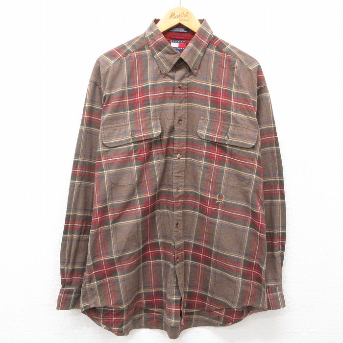 XL★古着 トミーヒルフィガー TOMMY HILFIGER 長袖 ブランド シャツ メンズ 90年代 90s ワンポイントロゴ 大きいサイズ コットン ボタンダウン 濃ベージュ他 カーキ チェック 24dec12 中古 トップス