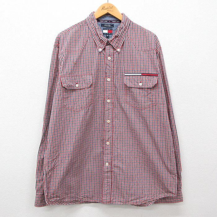 XL★古着 トミーヒルフィガー TOMMY HILFIGER 長袖 ブランド シャツ メンズ 90年代 90s 大きいサイズ コットン ボタンダウン 赤他 レッド ギンガム チェック 24dec12 中古 トップス