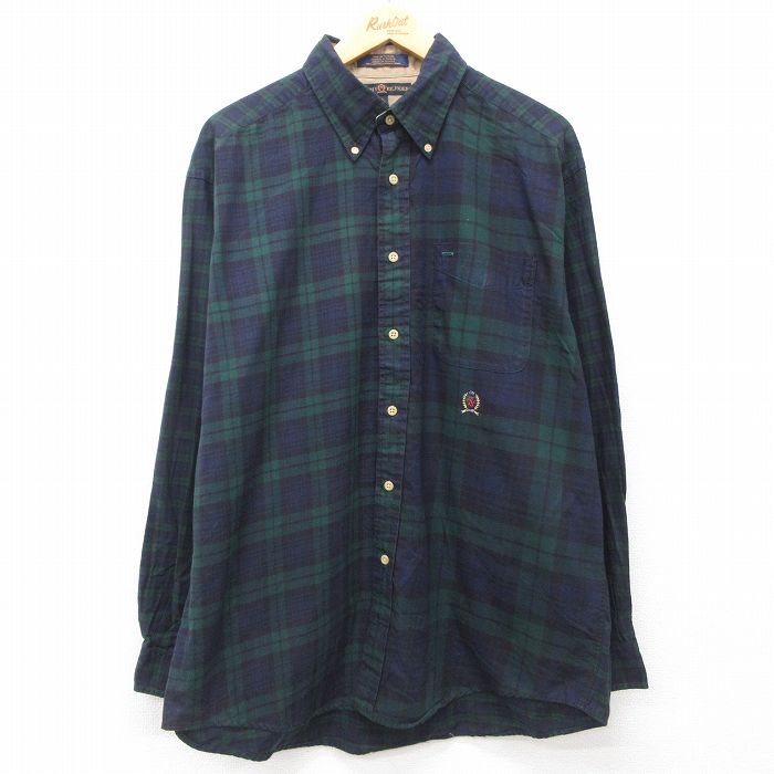 XL★古着 トミーヒルフィガー TOMMY HILFIGER 長袖 ブランド シャツ メンズ 90年代 90s ワンポイントロゴ 大きいサイズ コットン ボタンダウン 濃紺他 ネイビー チェック 24dec12 中古 トップス