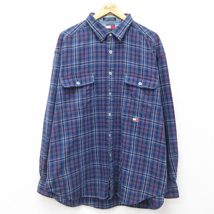 XL★古着 トミーヒルフィガー TOMMY HILFIGER 長袖 ブランド シャツ メンズ 90年代 90s ワンポイントロゴ 大きいサイズ コットン 紺他 ネイビー チェック 24dec12 中古 トップス