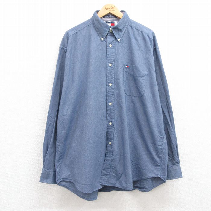 XL★古着 トミーヒルフィガー TOMMY HILFIGER 長袖 ブランド シャツ メンズ 90年代 90s ワンポイントロゴ オックスフォード 大きいサイズ ロング丈 コットン ボタンダウン 紺 ネイビー 24dec14 中古 トップス