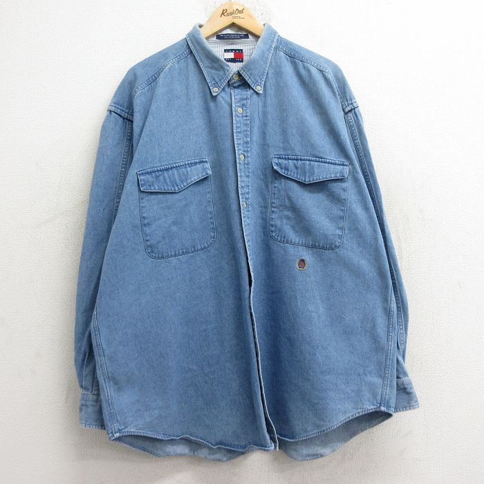 XL★古着 トミーヒルフィガー TOMMY HILFIGER 長袖 ブランド シャツ メンズ 90年代 90s ワンポイントロゴ 大きいサイズ ロング丈 コットン ボタンダウン 薄紺 ネイビー デニム 24dec14 中古 トップス