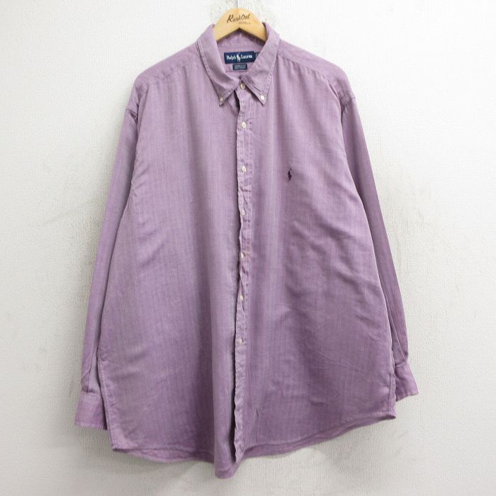 XL★古着 ラルフローレン Ralph Lauren 長袖 ブランド シャツ メンズ 90年代 90s ワンポイントロゴ ヘリンボーン YARMOUTH 大きいサイズ ロング丈 コットン ボタンダウン 紫 パープル 24dec14 中古 トップス