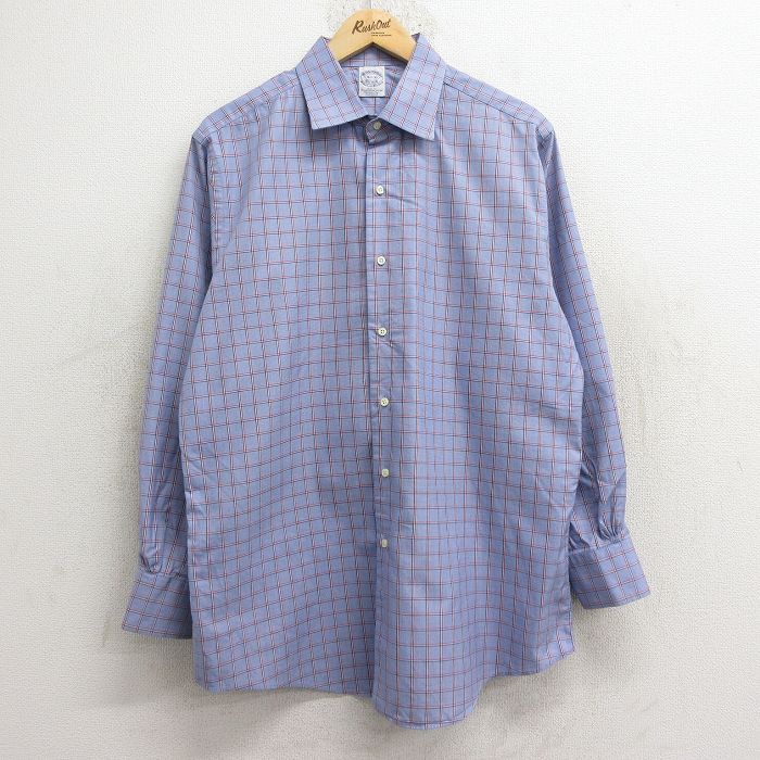 L★古着 ブルックスブラザーズ BROOKS BROTHERS 長袖 ブランド シャツ メンズ 90年代 90s ロング丈 コットン USA製 薄紺他 ネイビー チェック 24dec14 中古 トップス