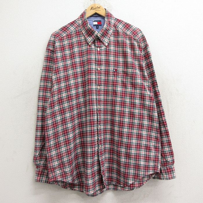 【50%OFF】XL★古着 トミーヒルフィガー TOMMY HILFIGER 長袖 ブランド シャツ メンズ 90年代 90s ワンポイントロゴ 大きいサイズ ロング丈 コットン ボタンダウン 赤他 レッド チェック 24dec14 中古 トップス
