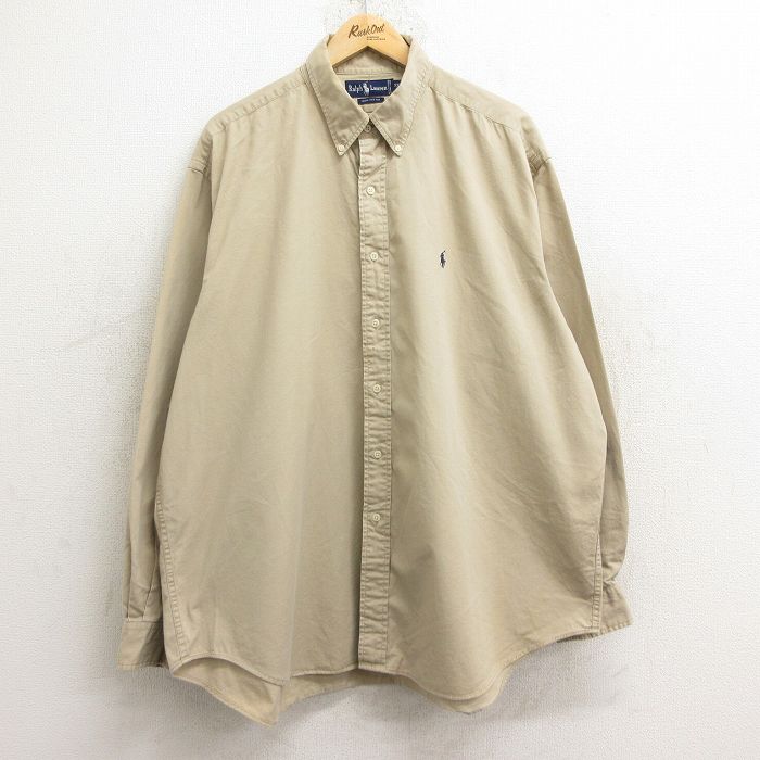 XL★古着 ラルフローレン Ralph Lauren 長袖 ブランド シャツ メンズ 90年代 90s ワンポイントロゴ 大きいサイズ ロング丈 コットン ボタンダウン ベージュ カーキ 24dec14 中古 トップス