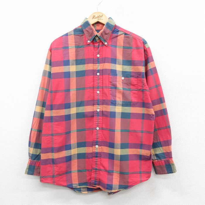 XL★古着 ランズエンド 長袖 ブランド シャツ メンズ 90年代 90s コットン ボタンダウン USA製 赤他 レッド チェック 24dec21 中古 トップス