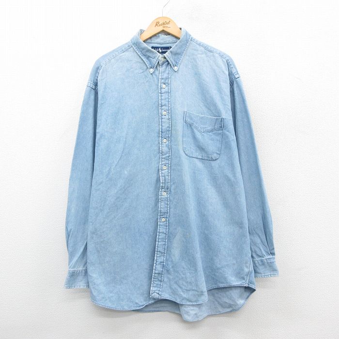 XL★古着 ラルフローレン Ralph Lauren 長袖 ブランド シャツ メンズ 90年代 90s BIG SHIRT 大きいサイズ ロング丈 コットン ボタンダウン 薄紺 ネイビー デニム 【spe】 24dec21 中古 トップス