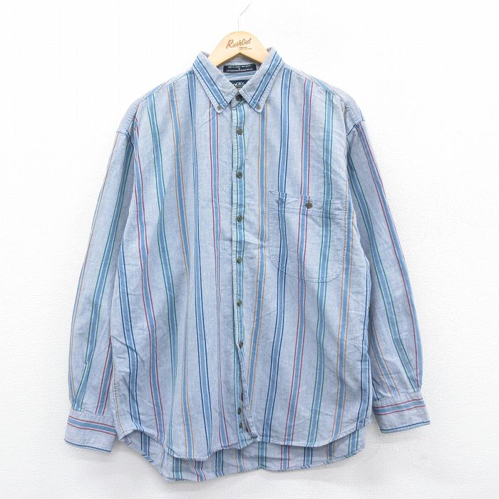 XL★古着 ドッカーズ 長袖 ブランド シャツ メンズ 90年代 90s ワンポイントロゴ オックスフォード 大きいサイズ コットン ボタンダウン 薄紺他 ネイビー ストライプ 24dec21 中古 トップス