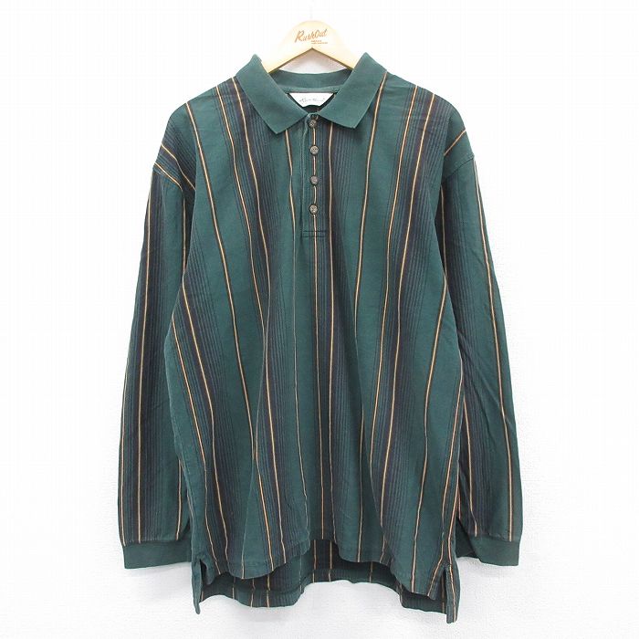 XL★古着 エディーバウアー 長袖 ブランド ポロ シャツ メンズ 00年代 00s コットン 緑他 グリーン ストライプ 24dec21 中古 トップス