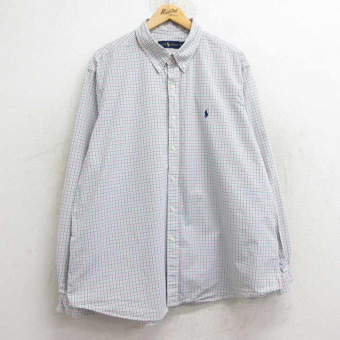 【20%OFF】XL★古着 ラルフローレン Ralph Lauren 長袖 ブランド シャツ メンズ ワンポイントロゴ 大きいサイズ ロング丈 コットン ボタンダウン 白他 ホワイト チェック 24dec24 中古 トップス