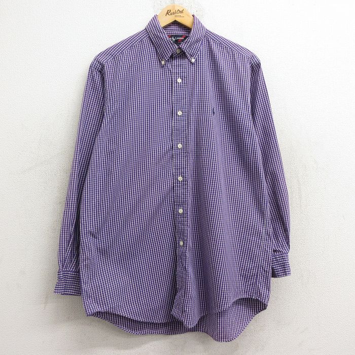 XL★古着 ラルフローレン Ralph Lauren 長袖 ブランド シャツ メンズ 90年代 90s YARMOUTH ワンポイントロゴ コットン ボタンダウン 紫他 パープル チェック 24dec24 中古 トップス