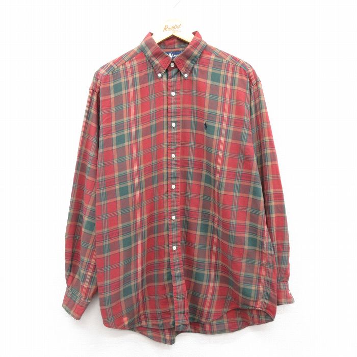 XL★古着 ラルフローレン Ralph Lauren 長袖 ブランド シャツ メンズ 90年代 90s ワンポイントロゴ 大きいサイズ ロング丈 コットン ボタンダウン 赤系他 レッド チェック 24dec25 中古 トップス