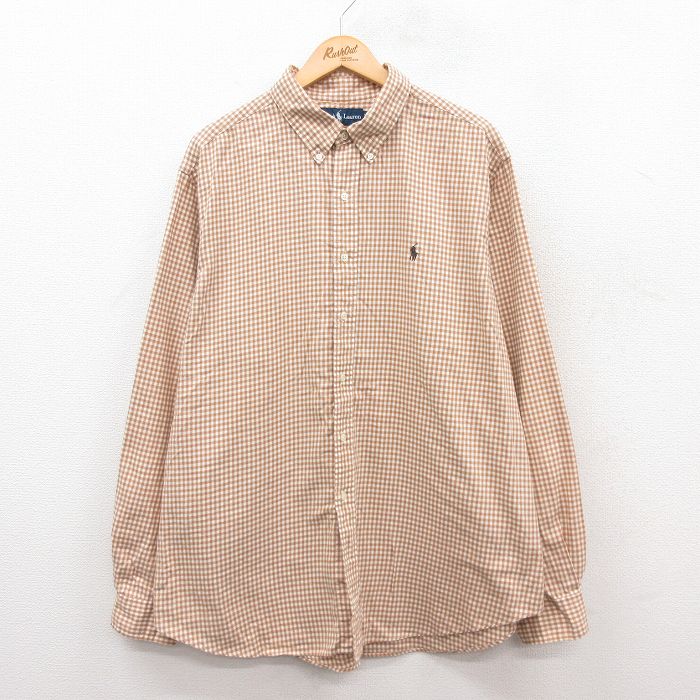 XL★古着 ラルフローレン Ralph Lauren 長袖 ブランド シャツ メンズ 90年代 90s ワンポイントロゴ 大きいサイズ コットン ボタンダウン 濃ベージュ他 カーキ ギンガム チェック 24dec25 中古 トップス