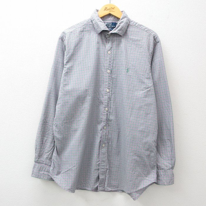 XL★古着 ラルフローレン Ralph Lauren 長袖 ブランド シャツ メンズ 90年代 90s ワンポイントロゴ REGENT 大きいサイズ コットン ボタンダウン 紫他 パープル チェック 24dec26 中古 トップス