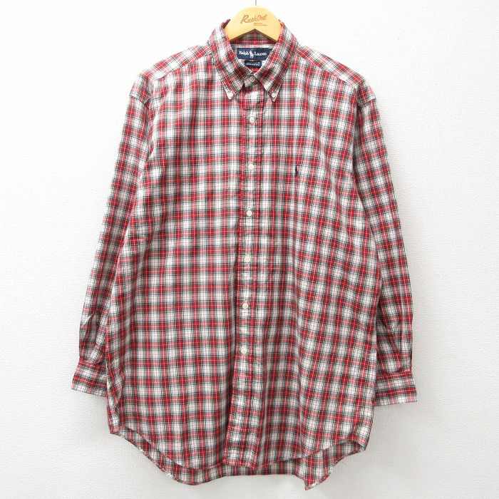 XL★古着 ラルフローレン Ralph Lauren 長袖 ブランド シャツ メンズ 90年代 90s ワンポイントロゴ YARMOUTH 大きいサイズ コットン ボタンダウン 赤他 レッド チェック 24dec26 中古 トップス