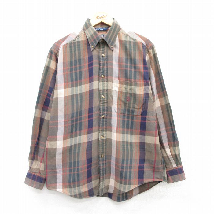 【20%OFF】M★古着 ノーティカ NAUTICA 長袖 ブランド シャツ メンズ 90年代 90s ワンポイントロゴ コットン ボタンダウン 茶他 ブラウン チェック 25jan23 中古 トップス