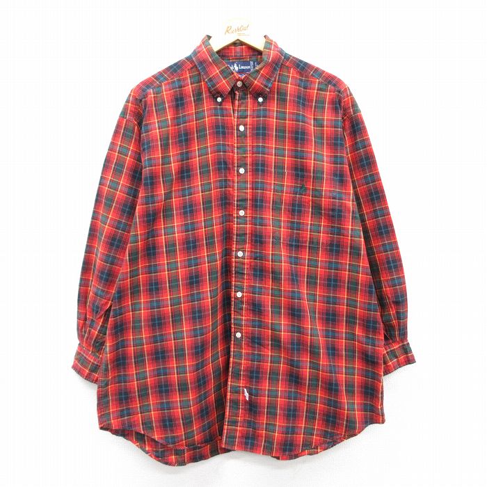 【50%OFF】XL★古着 ラルフローレン Ralph Lauren 長袖 ブランド シャツ メンズ 90年代 90s The Big Shirt ワンポイントロゴ 大きいサイズ コットン ボタンダウン 赤他 レッド チェック 【spe】 25jan23 中古 トップス