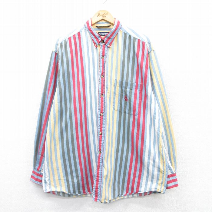 【50%OFF】XL★古着 ノーティカ NAUTICA 長袖 ブランド シャツ メンズ 90年代 90s ワンポイントロゴ 大きいサイズ ロング丈 コットン ボタンダウン 薄青他 ブルー ストライプ 25jan25 中古 トップス